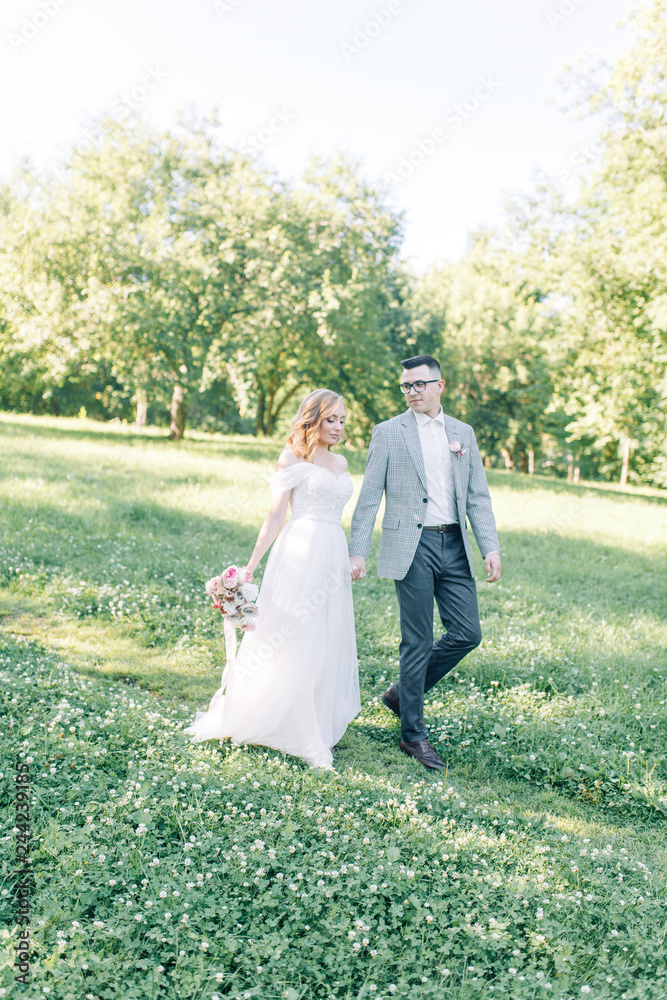 The wedding couple is walking along the Park. Photo shoot in the European style in nature. The wedding couple is walking along the Park. Photo shoot in the European style in nature.