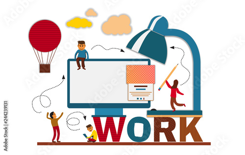 Flat vector illustration, people and work, workgroup, freelance, web graphic design - Vector