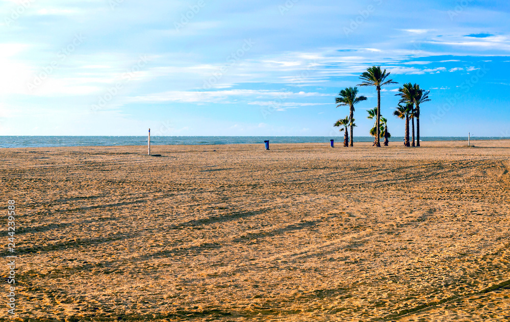 Roquetas beach in the Spanish province of Almeria on a cloudy day. It is a tourist and holiday place.