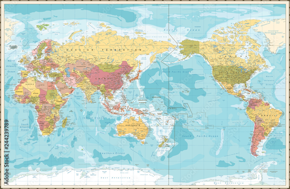 World Map Vintage Color Pacific Centred
