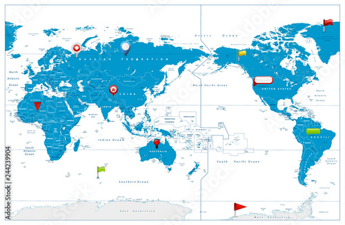 Fototapeta Naklejka Na Ścianę i Meble -  World Map Pacific Centred and glossy icons on map