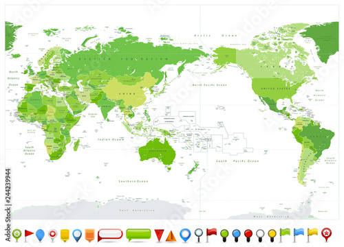 Colored World Map Pacific Centered Spot Green Colors and glossy map icons