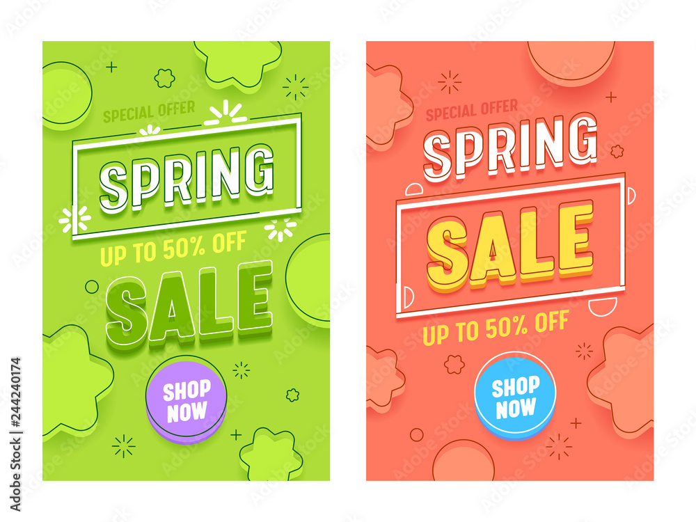 Plakat Spring Sale Red Green Vertical Banner Set. Promotion Discount Hot Price Typography Poster Collection. Retail Season Final Offer Poster with Shop Now Button Design Flat Vector Illustration