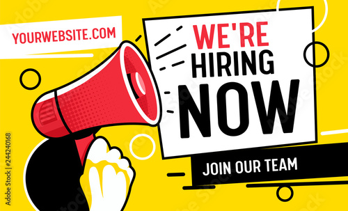 Now Hiring Vacancy Concept Poster Template. Outsource Team Hire Creative Employee. Career Promotion with Red Loudspeaker, Job Opportunity Ad Announcement Banner Pop Art Vector Illustration