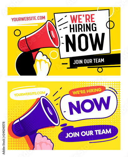 Now Hiring Career Opportunity Banner Set Template. Job Vacancy Promotion Advertising Typography Billboard. Join Creative Company Opportunity. Recruiting Team Hire Employee Poster Vector Illustration