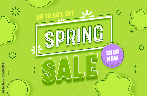 Spring Sale Green Abstract Background Banner Horizontal Layout. Promotion Discount Advertising Special Retail Price Poster. Hot Deal Offer Message with Shop Now Button Design Flat Vector Illustration