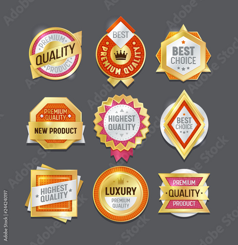 Quality Label Badge Best Set. Premium Mark Seller Certificate Stamp Design. Award Symbol Gold Element Collection. Royal Luxury Product Guarantee Emblem Sticker Isolated Vector Illustration