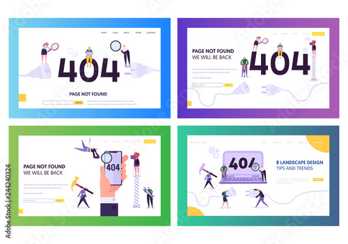 404 Landing Page Error Set. Broken Unplug Socket Sign for Under Construction Service Layout. Funny Character Warning that Web Page on Maintenance Concept for Website. Flat Cartoon Vector Illustration
