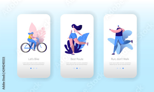 Urban City Sport Lifestyle Mobile Application Onboard Screen Set. Man Run, Happy Woman Ride Bike. Outdoor Fitness Exercise Concept for Website or Web Page. Vector Flat Cartoon Illustration