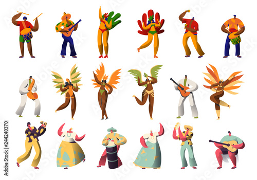 Brazilian Carnival Character Costume Set. Latino Woman in Feather Bikini Dress Dance at Rio de Janeiro Festival. Man Play Maraca and Guitar for Brazil National Holiday Flat Cartoon Vector Illustration