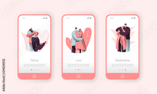 Love Couple People Hugging Mobile Application Screen Set. Man Hug Woman on Romance Dating. Happy Character Sweet Relationship Concept for Website or Web Page. Vector Flat Cartoon Illustration
