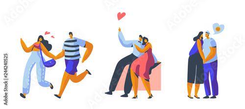 Love Couple Character Dating Set. Happy Lover Hug, Kiss, Sitting on Park Bench Isolated. Woman Man Romantic Flirt Conversation at Valentine Day Concept Vector Flat Cartoon Illustration