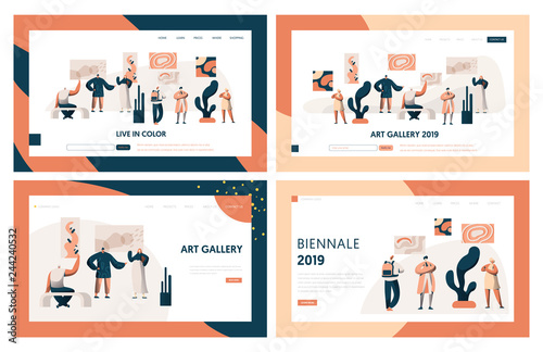 Art Gallery People Visitor Landing Page Set. Man Character in Museum Exhibition Looking to Artwork on Wall. Drawing Public Exposition Concept for Website or Web Page Flat Cartoon Vector Illustration © Pavlo Syvak