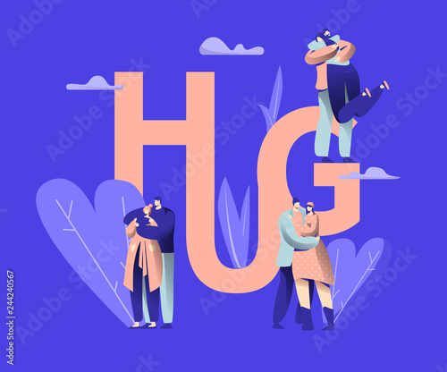 Love Couple Character Dating Hug Typography Banner. Happy Guy Romance Relationship with Girlfriend. Woman Man Romantic Motivation Concept for Poster Template Vector Flat Cartoon Illustration