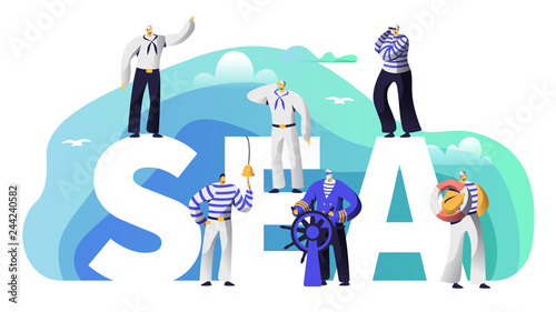 Sea Typography Banner Sailor Character. Old Beard Captain at Steering Wheel Sail to Adventure. Marine Character in Stripped Vest Ring Ships Bell Poster Template Flat Cartoon Vector Illustration