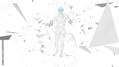 Man with glasses of virtual reality. Future technology concept. Abstract vr world with connecting lines, dots and triangles. 3D vector illustration.