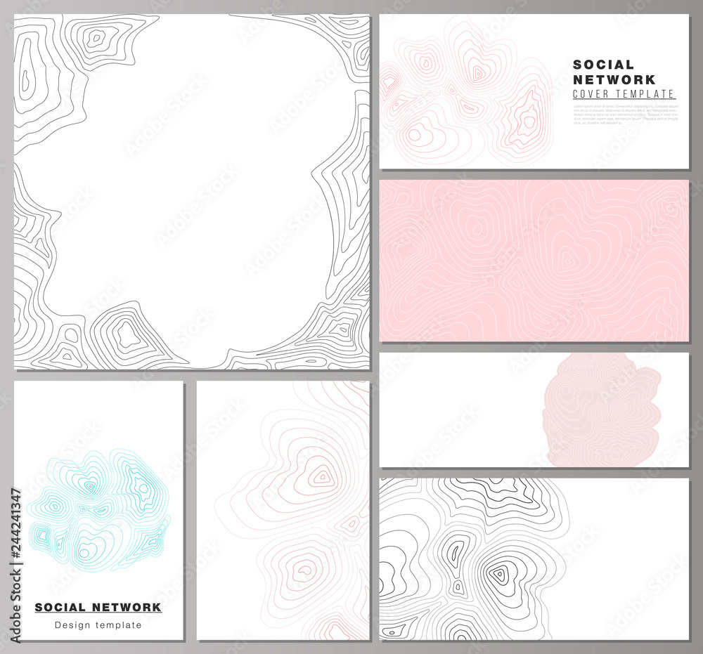 The minimalistic abstract vector illustration of the editable layouts of modern social network mockups in popular formats. Topographic contour map, abstract monochrome background. The minimalistic abstract vector illustration of the editable layouts of modern social network mockups in popular formats. Topographic contour map, abstract monochrome background.
