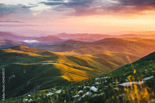 Dramatic sunset in Caucasus Mountains. Natural landscape in Karachay-Cherkessia, Russia