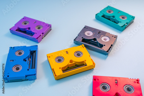 Minidv  tapes. Video Cassettes. Plastic Pink, yellow and blue. Intense colors.