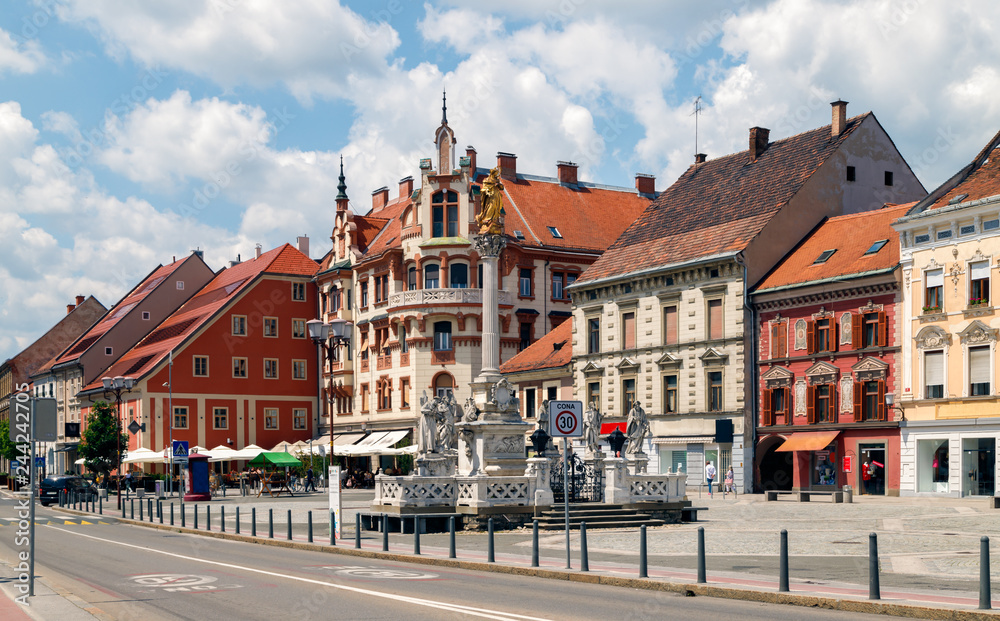 Maribor, Slovenia. Historical part of the old town in a summer sunny day, main square. Travel Slovenia.