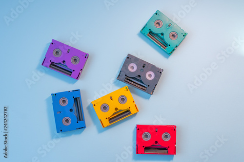 Minidv tapes. Video Cassettes. Plastic Pink, yellow and blue. Intense colors.