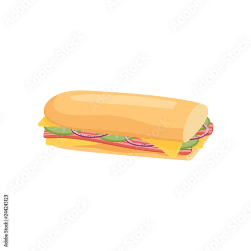Delicious juicy sandwich with vegetables, cheese, meat, bacon, tomatoes and a crispy crust.