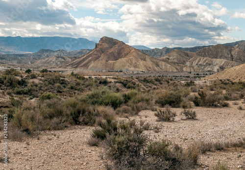 Desert of Tabernas in Almeria in southern Spain on a cloudy day.