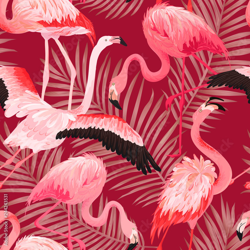Tropical Flamingo seamless vector summer pattern with Golden Palm Leaves. Bird and Floral background for wallpapers, web page, texture, textile