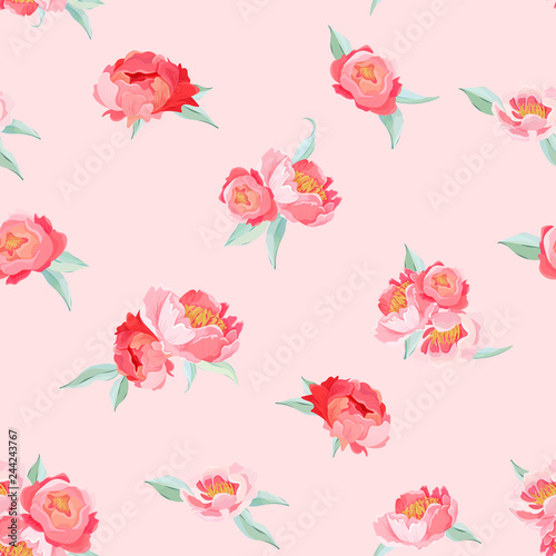 Peony Flowers seamless vintage vector summer pattern. Floral background for wallpapers, web page, texture, textile, backdrop