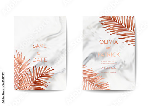 Wedding Invitation Card Set, Save the Date with trendy marble texture background and gold Tropical Palm Leaves design. RSVP Template illustration in vector