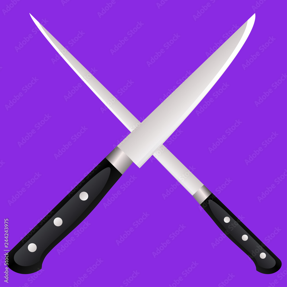 Two kitchen knives cross on a colored background. Two kitchen knives cross on a colored background.