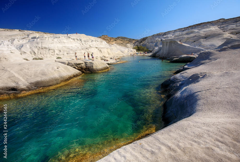 Clear waters of Sarakiniko bay, Milos island, Cyclades, Greece