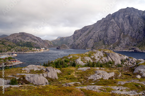 Mountains by the sea in Lofoten  Norway on a cloudy day