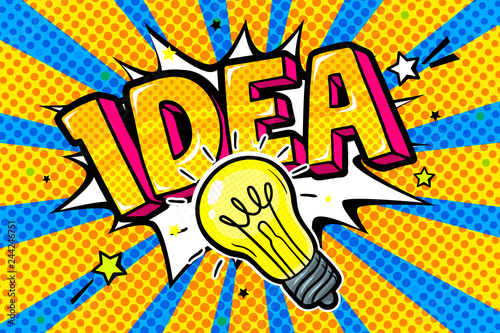 Concept of Idea. Message Idea and Light bulb in pop art style on blue background.