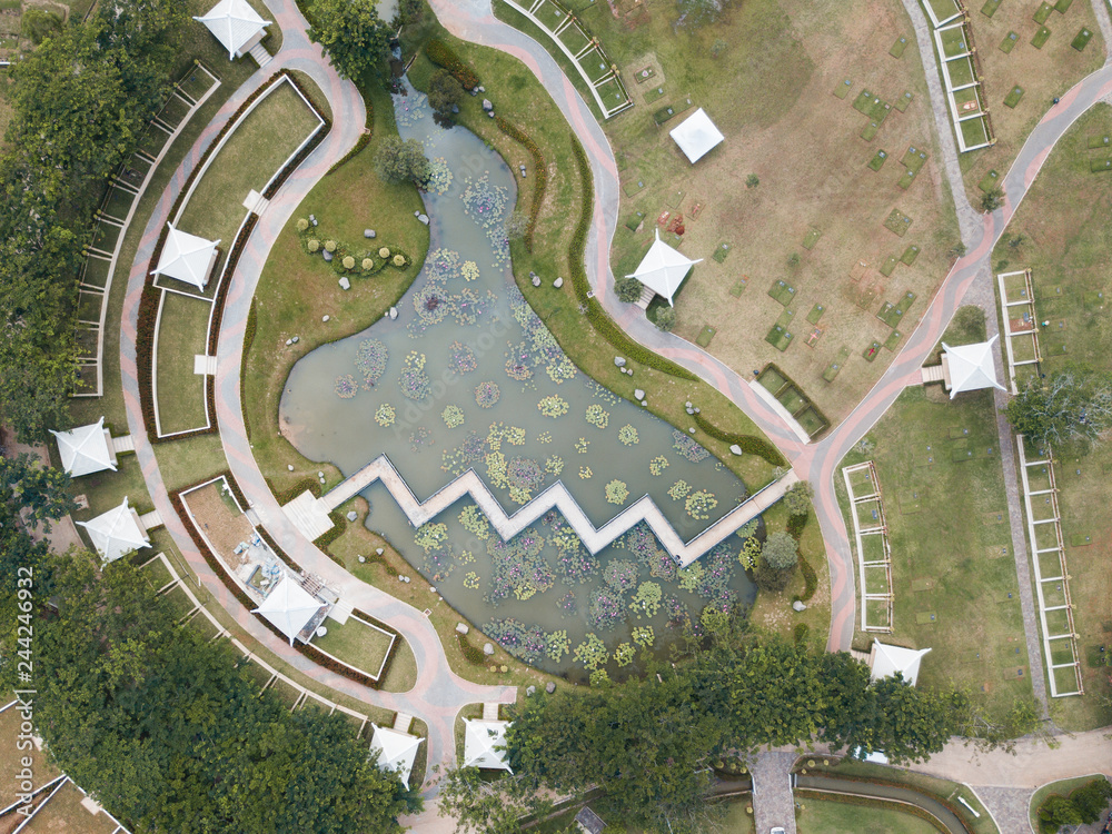 Aerial of pond with zig zag walkway in the middle. Aerial of pond with zig zag walkway in the middle.
