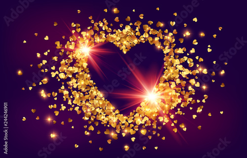 Shining golden foil confetti Valentines day shining heart shape frame on dark background
