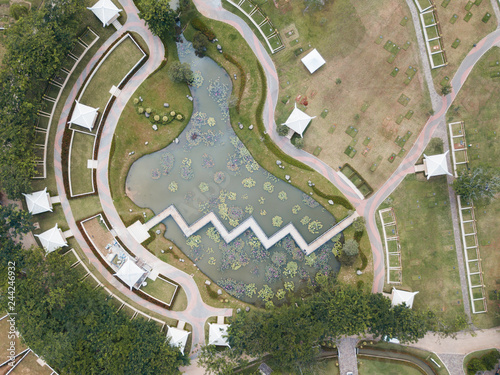 Aerial of pond with zig zag walkway in the middle. © AlexandraDaryl
