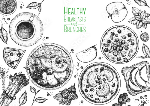 Breakfasts top view frame. Morning food menu design. Breakfast and brunches dishes collection. Vintage hand drawn sketch, vector illustration. Engraved style.