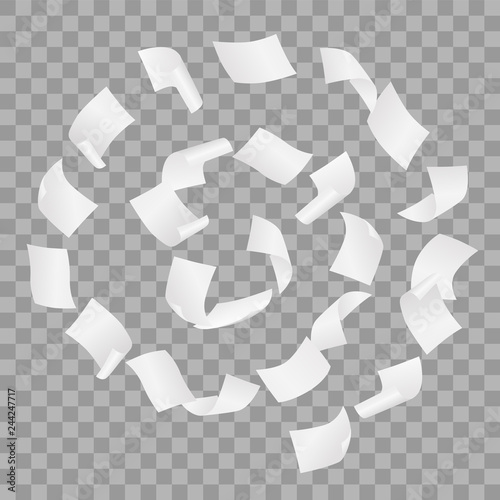Simple vector of white blank papers flying in the spiral motion in the wind on transparent background.