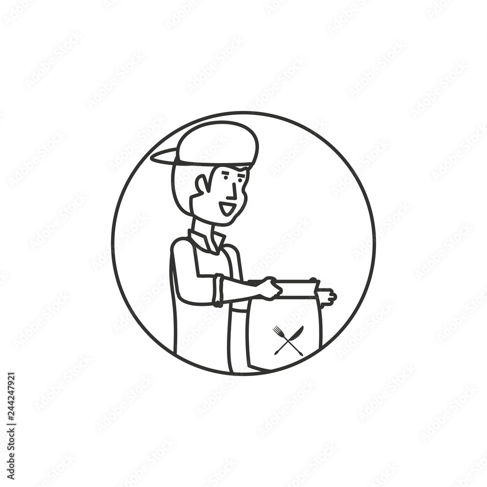 circular frame with delivery worker and fast food bag circular frame with delivery worker and fast food bag