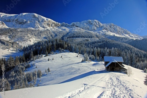 Amazing winter landscape in the mountains with old wood cottage
