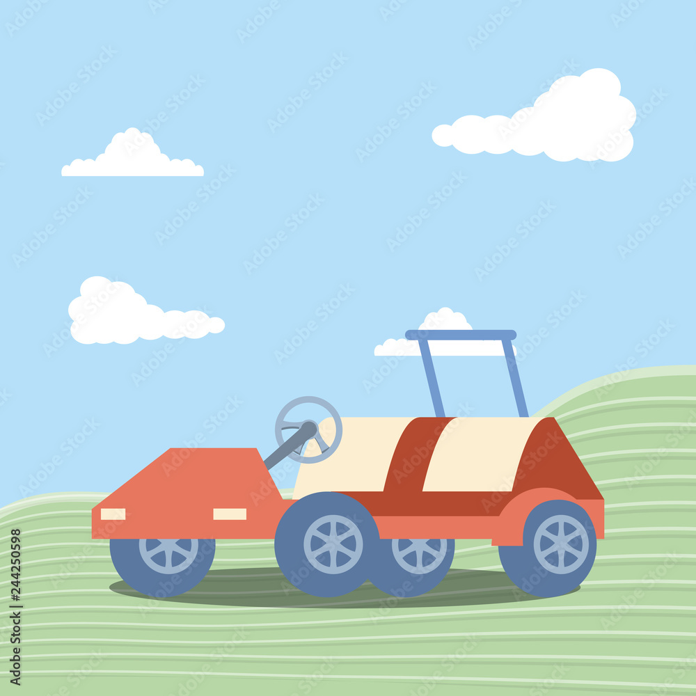 golf car in grass with sky and clouds