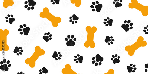 Black trace of dog paw pattern with paw footprints and bones, dog bone background isolated illustration cartoon repeat wallpaper – stock vector