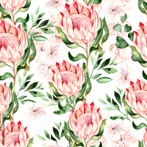 Watercolor tropical pattern with hibiscus and protea flowers.