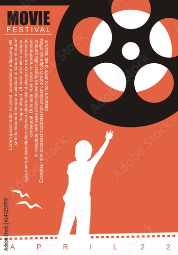 Movie film poster background with film reel and kid graphic. Artistic cinema poster, flyer, leaflet, brochure or ad design.