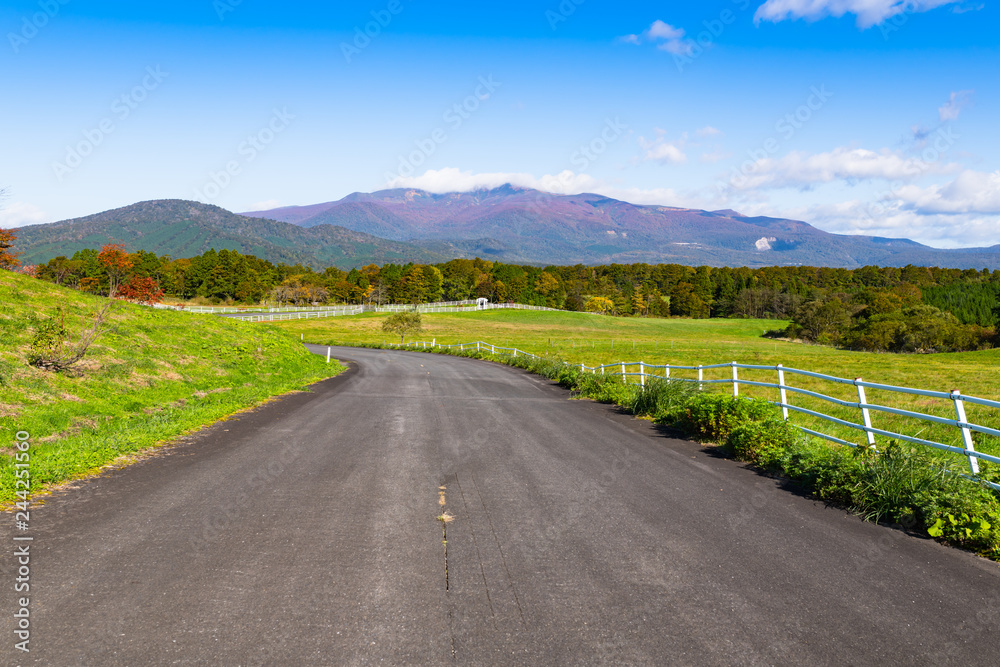 Naklejka premium 宮城栗駒高原の牧場と紅葉の栗駒山