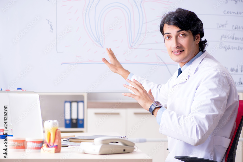 Young handsome dentist in front of the whiteboard Young handsome dentist in front of the whiteboard