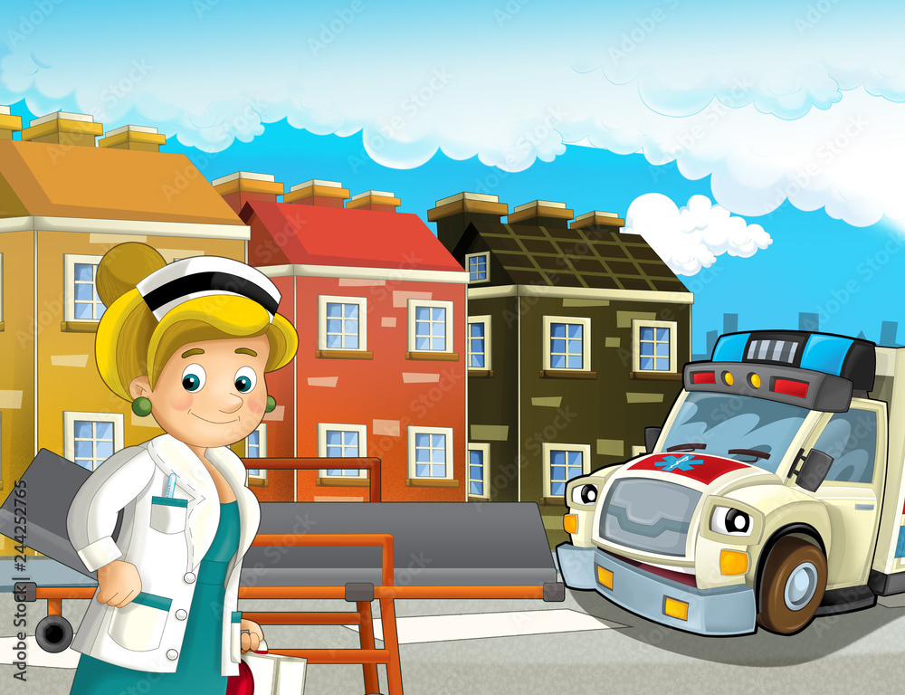 Fototapeta premium cartoon scene in the city with doctor car happy ambulance - illustration for children