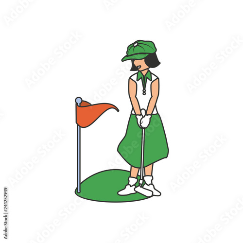 golfer woman with stick golf and flag