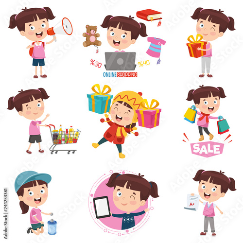 Vector Illustration Of Cartoon Girl Doing Various Activities